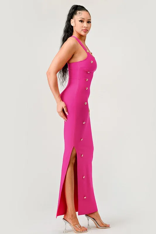 Stepping Out- Hot Pink Button Detail Bandage Fashion Dress