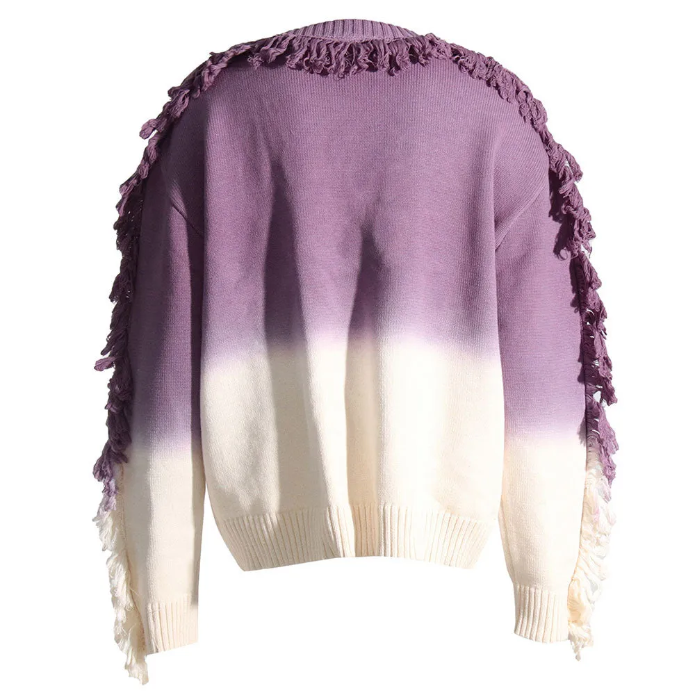 Street Style Gradient Rib Knit Round Neck Tassel Trim Oversized Sweater