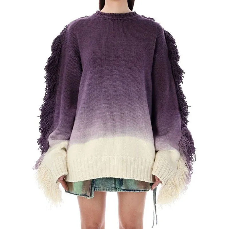 Street Style Gradient Rib Knit Round Neck Tassel Trim Oversized Sweater