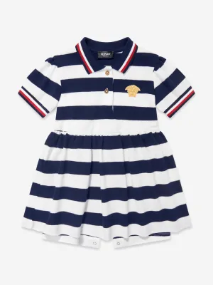 Versace Baby Girls Striped Medusa Logo Dress in Navy