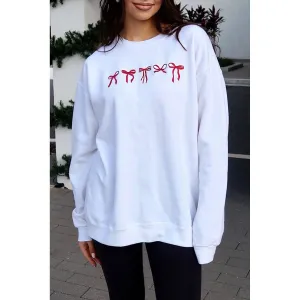 White Diverse Bow Embroidery Drop Shoulder Sweatshirt