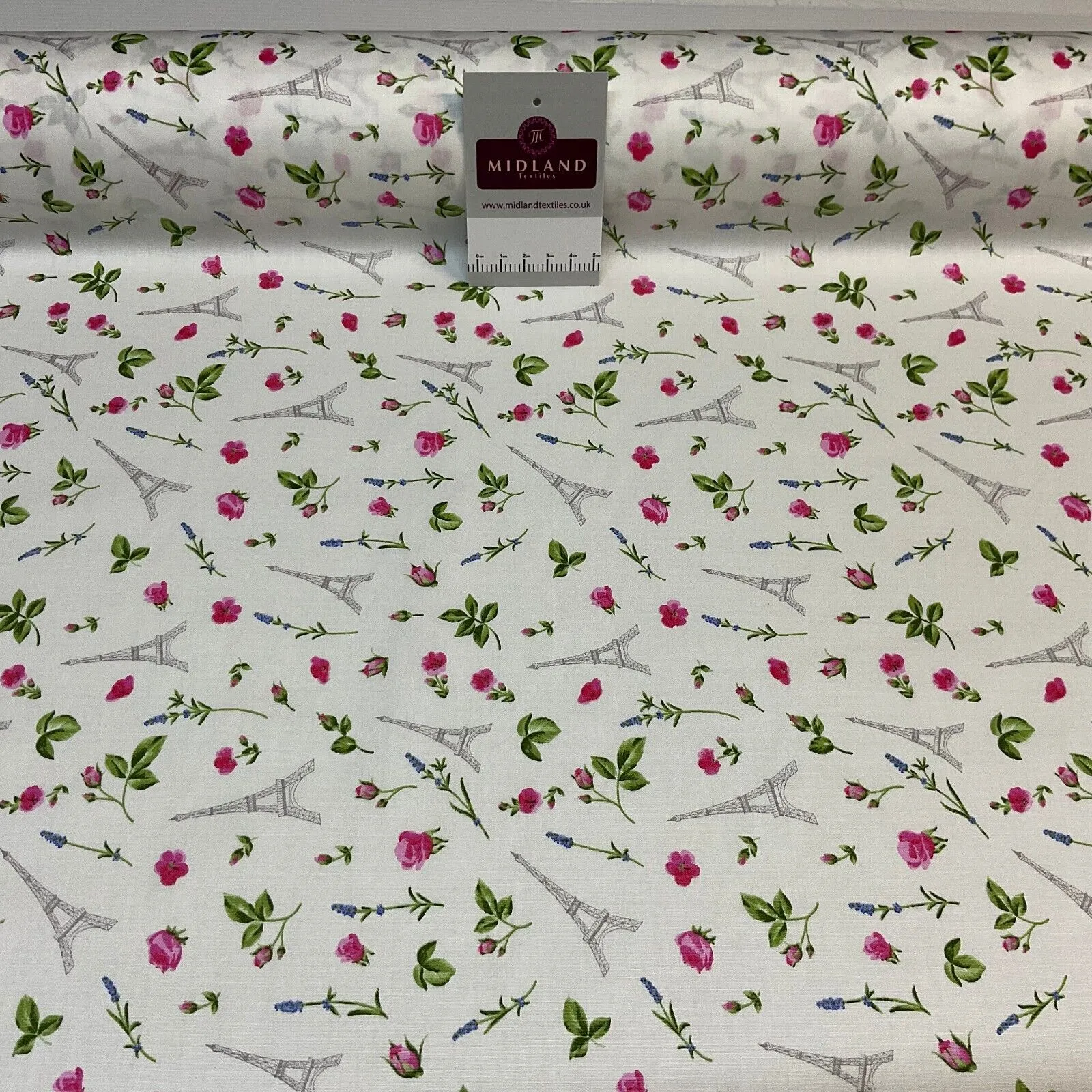 White Elegant floral Eiffel Tower Paris cotton poplin Fabric By The Metre M1865