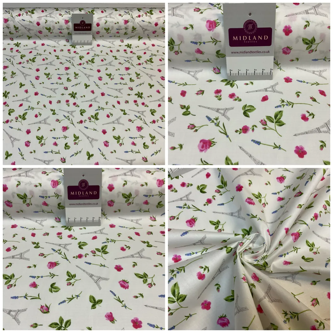 White Elegant floral Eiffel Tower Paris cotton poplin Fabric By The Metre M1865