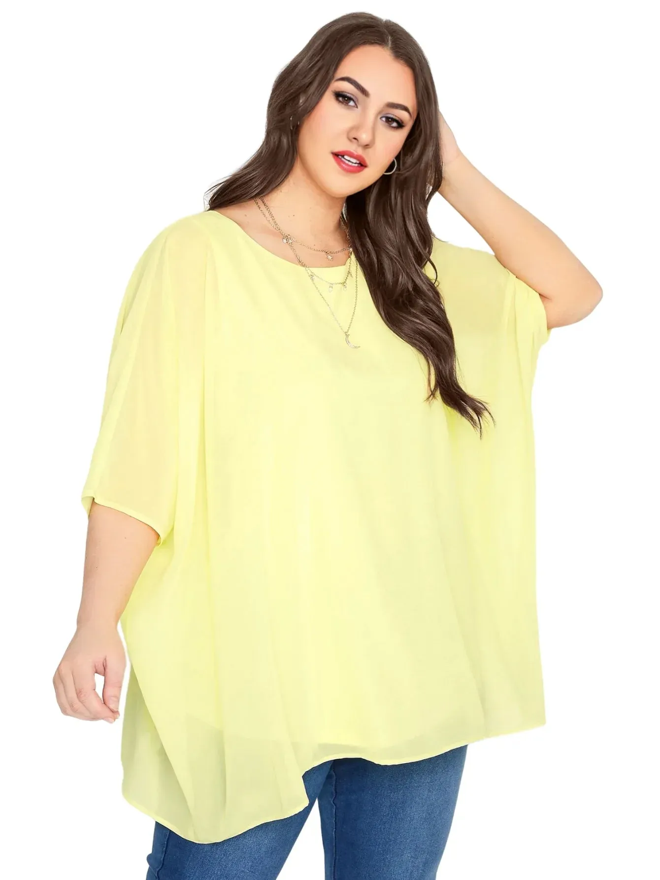 Womens Plus Size Elegant Summer Blouse Batwing Sleeve Oversized Chiffon Blouse Scoop Neck Large Size Casual Tunic Top Shirt 2XL