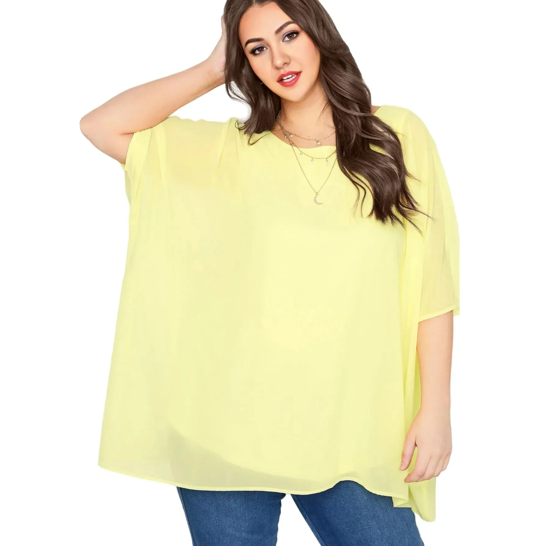 Womens Plus Size Elegant Summer Blouse Batwing Sleeve Oversized Chiffon Blouse Scoop Neck Large Size Casual Tunic Top Shirt 2XL