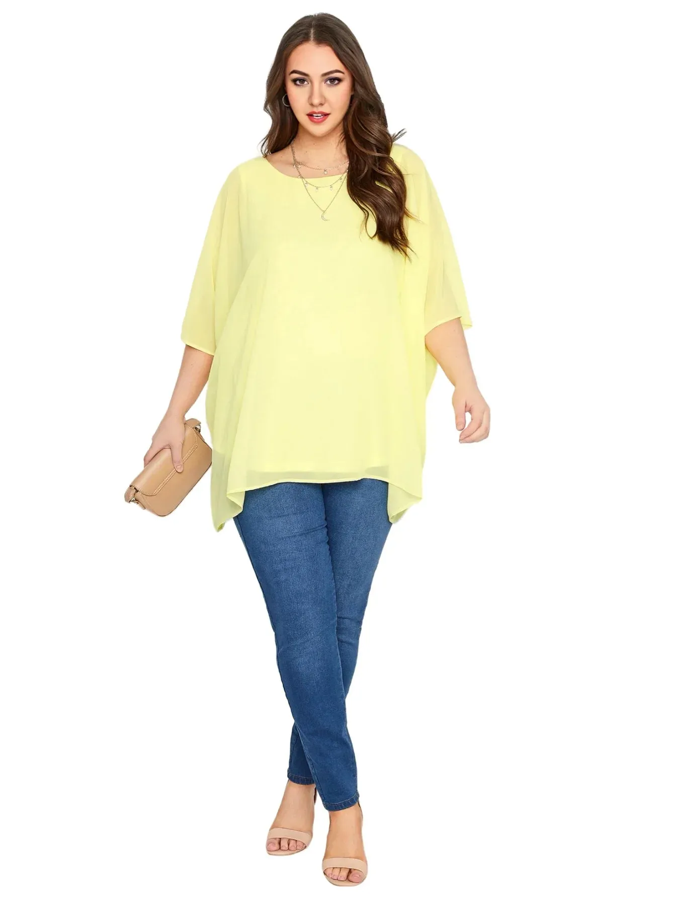 Womens Plus Size Elegant Summer Blouse Batwing Sleeve Oversized Chiffon Blouse Scoop Neck Large Size Casual Tunic Top Shirt 2XL