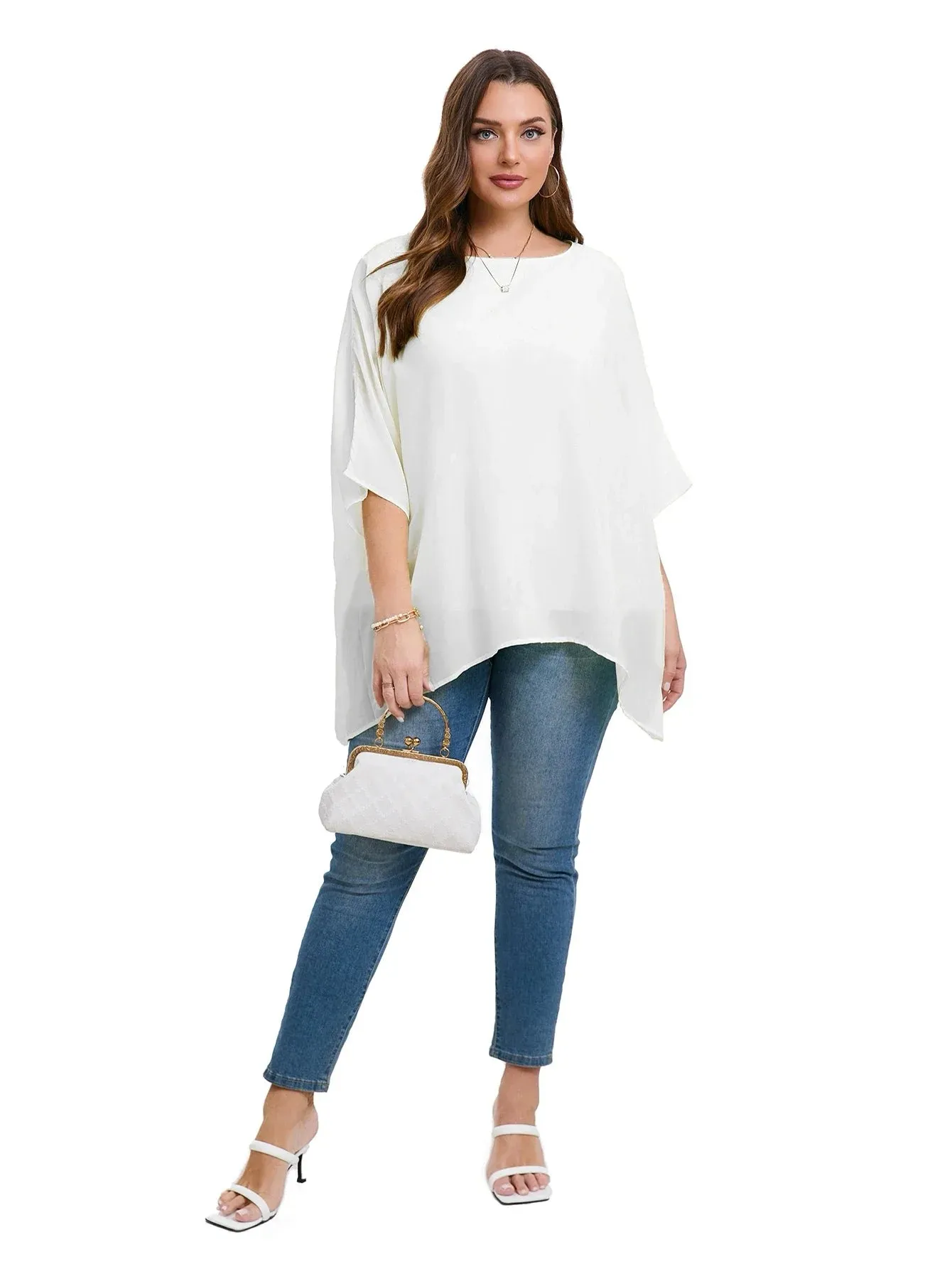 Womens Plus Size Elegant Summer Blouse Batwing Sleeve Oversized Chiffon Blouse Scoop Neck Large Size Casual Tunic Top Shirt 4XL