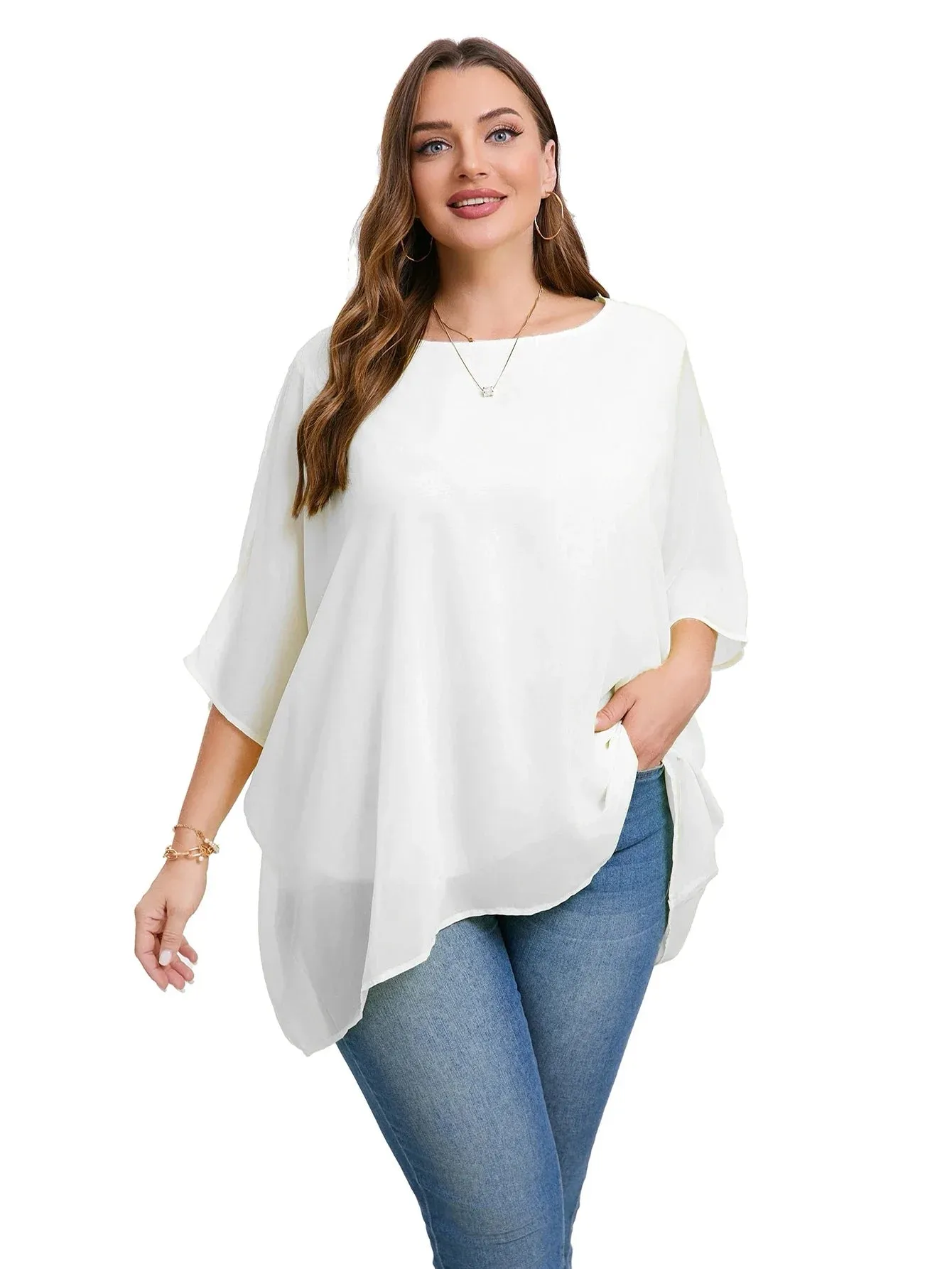 Womens Plus Size Elegant Summer Blouse Batwing Sleeve Oversized Chiffon Blouse Scoop Neck Large Size Casual Tunic Top Shirt 4XL