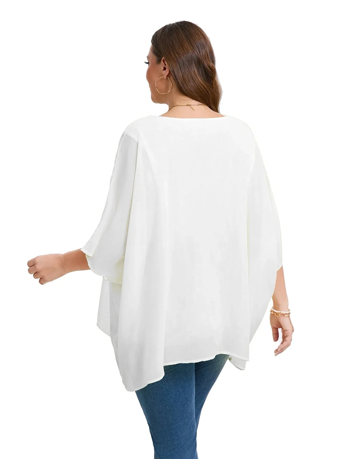 Womens Plus Size Elegant Summer Blouse Batwing Sleeve Oversized Chiffon Blouse Scoop Neck Large Size Casual Tunic Top Shirt 4XL