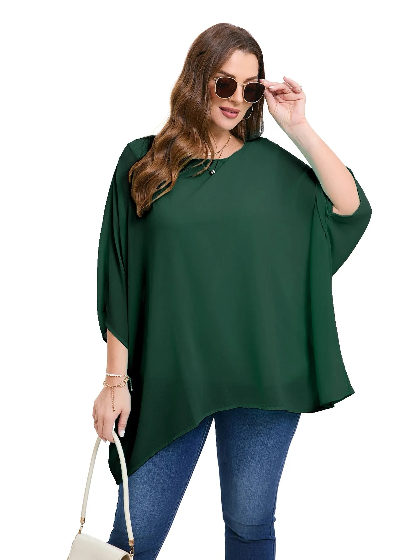 Womens Plus Size Elegant Summer Blouse Batwing Sleeve Oversized Chiffon Blouse Scoop Neck Large Size Casual Tunic Top Shirt 5XL