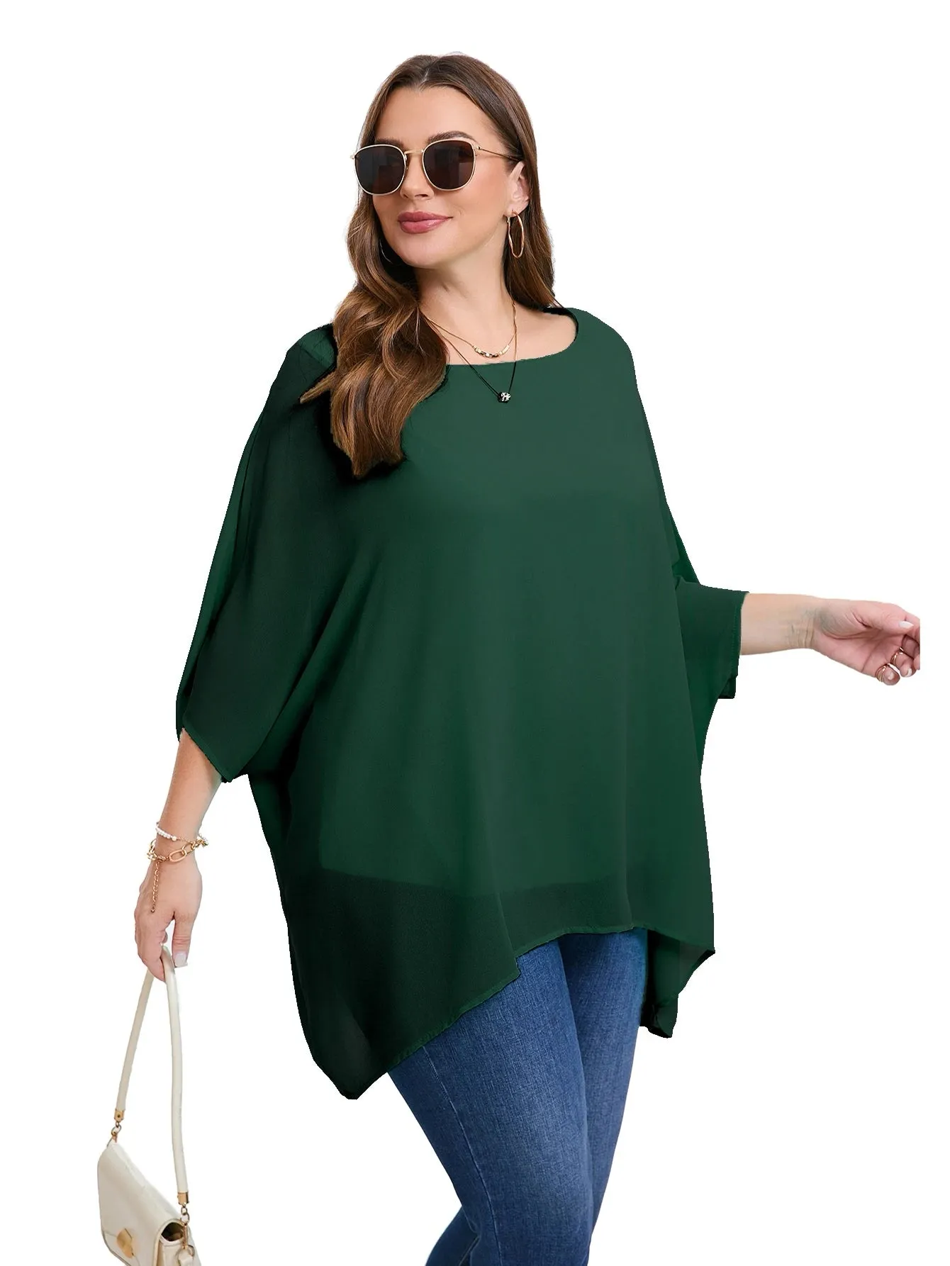 Womens Plus Size Elegant Summer Blouse Batwing Sleeve Oversized Chiffon Blouse Scoop Neck Large Size Casual Tunic Top Shirt 5XL