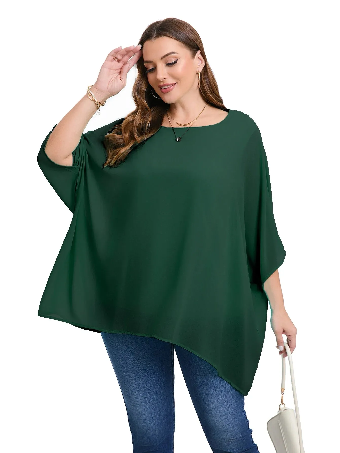 Womens Plus Size Elegant Summer Blouse Batwing Sleeve Oversized Chiffon Blouse Scoop Neck Large Size Casual Tunic Top Shirt 5XL