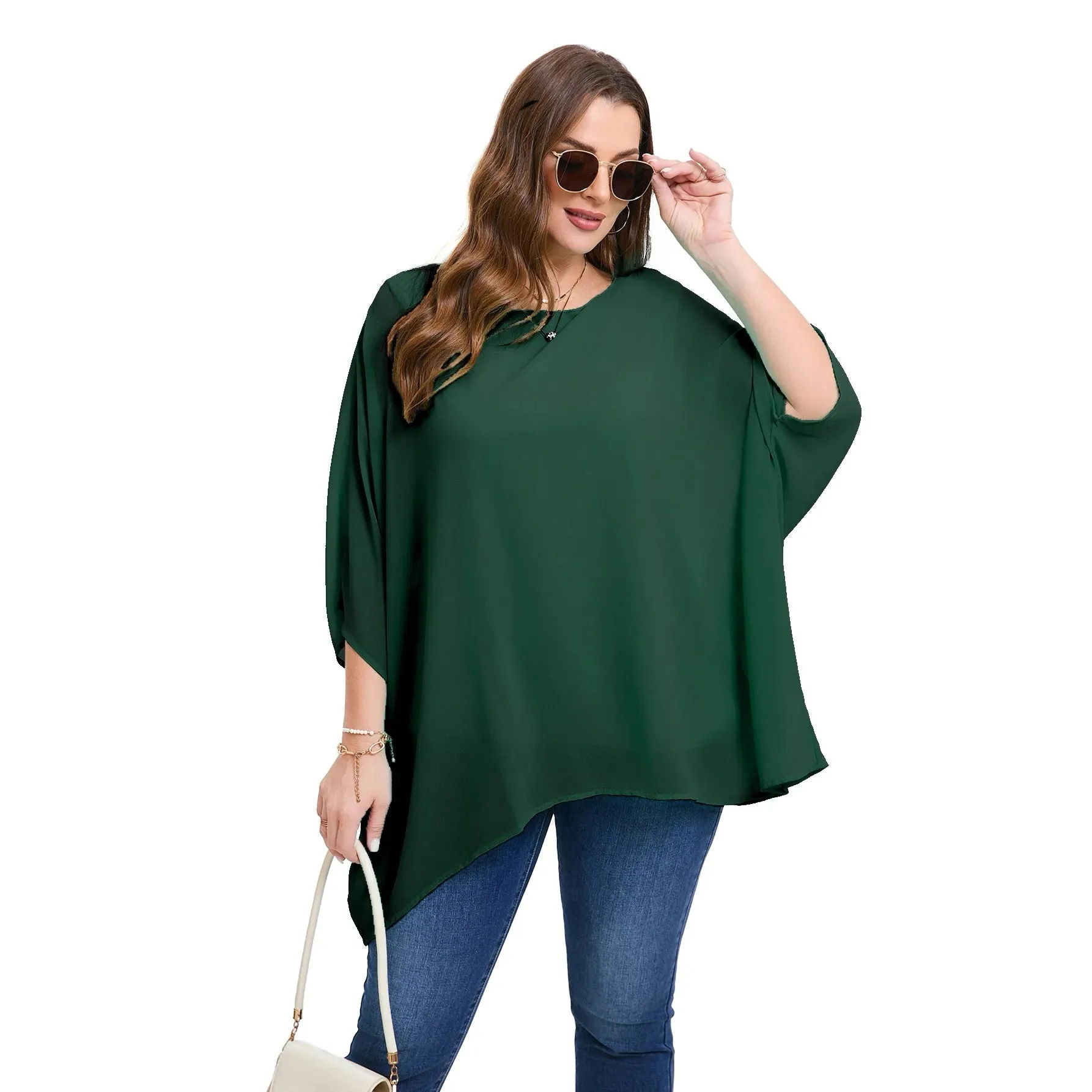 Womens Plus Size Elegant Summer Blouse Batwing Sleeve Oversized Chiffon Blouse Scoop Neck Large Size Casual Tunic Top Shirt 5XL