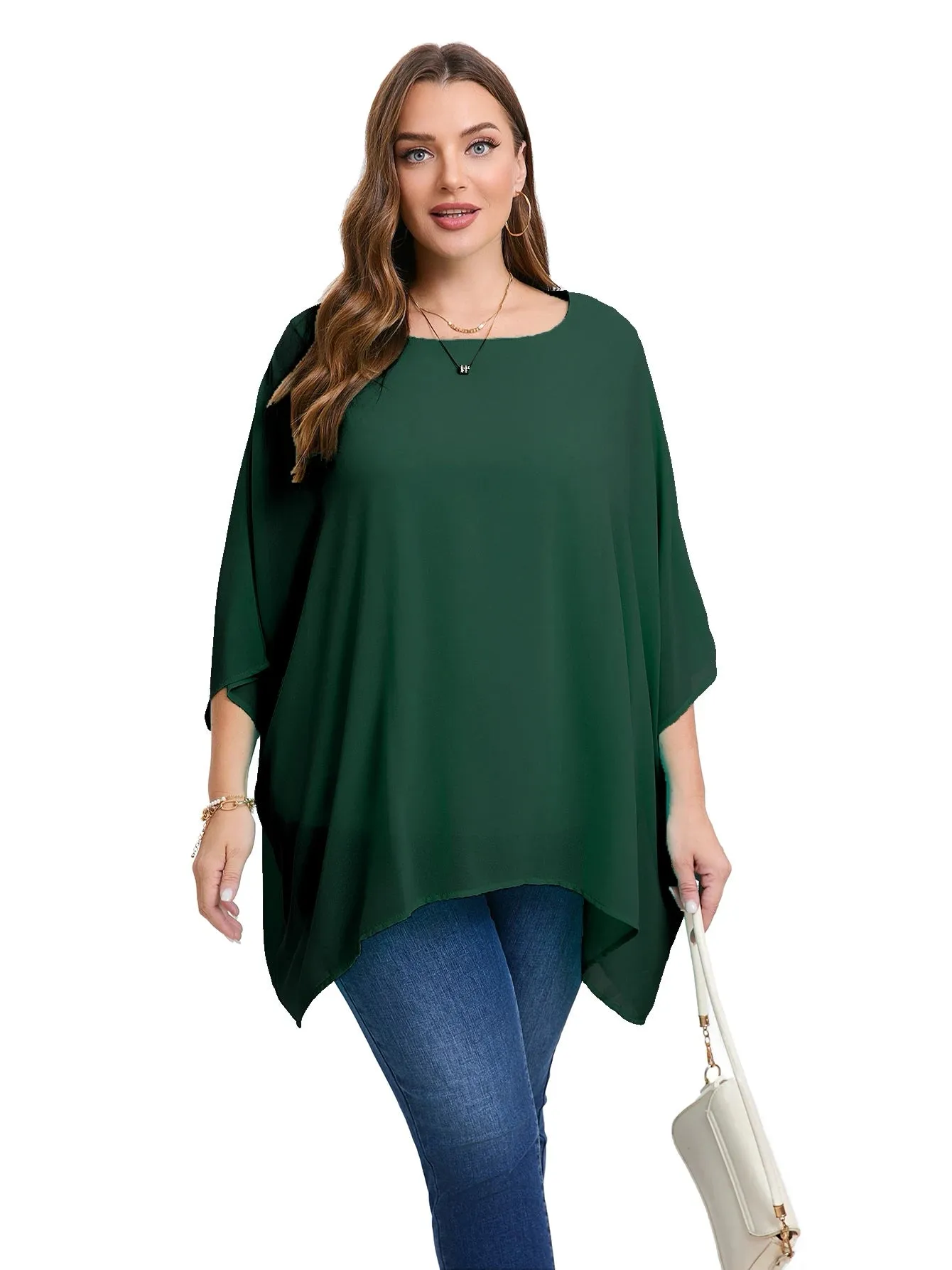 Womens Plus Size Elegant Summer Blouse Batwing Sleeve Oversized Chiffon Blouse Scoop Neck Large Size Casual Tunic Top Shirt 5XL