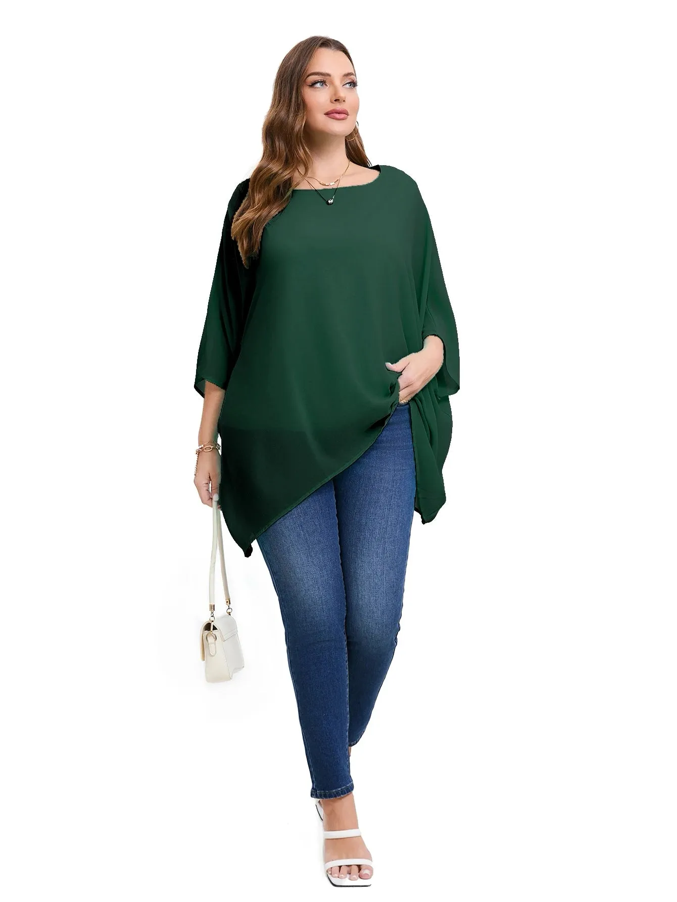 Womens Plus Size Elegant Summer Blouse Batwing Sleeve Oversized Chiffon Blouse Scoop Neck Large Size Casual Tunic Top Shirt 5XL